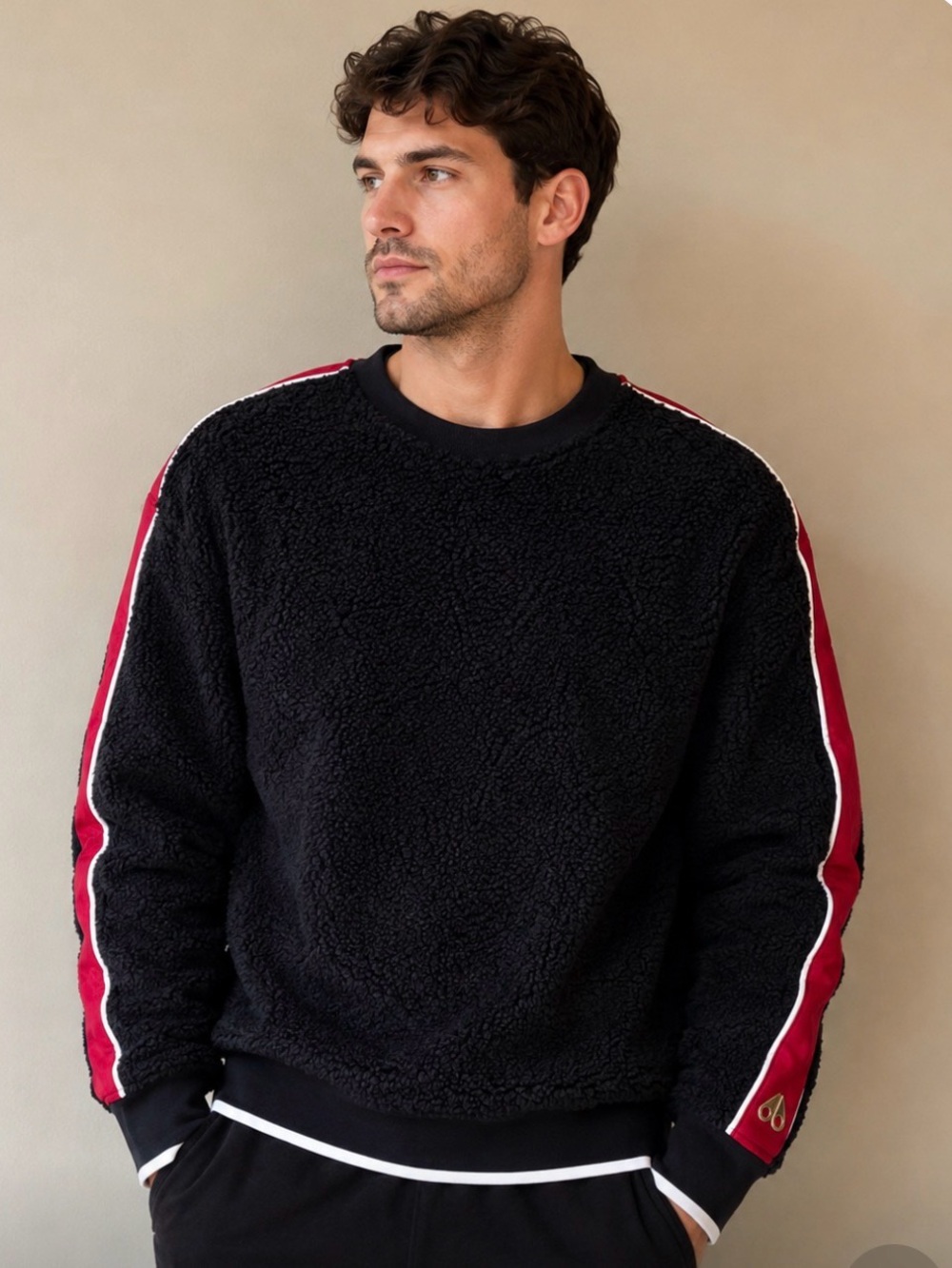 Moose Knuckles Black Sherpa Crewneck with Red & White Sleeve Stripes